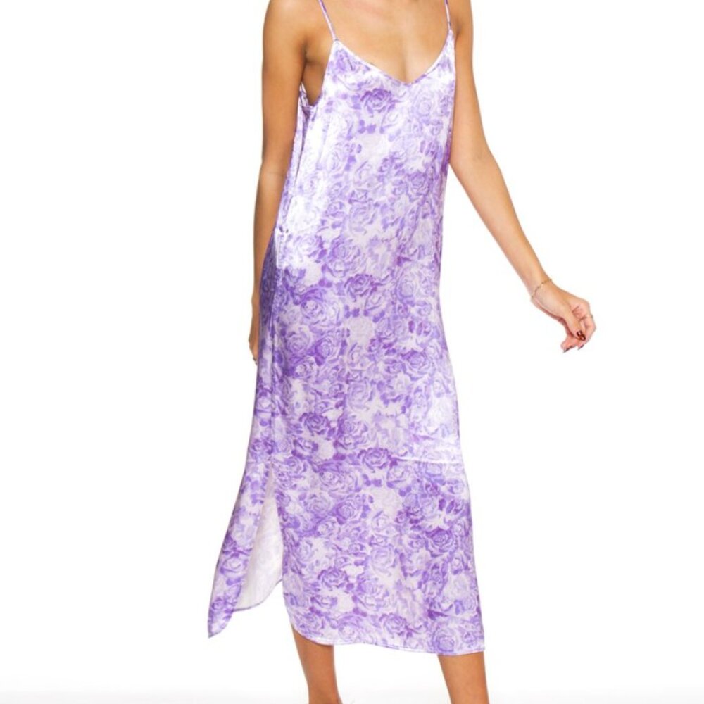 GANNI Coquette Dainty Midi Heavy Satin Slip Dress Purple Floral Lilac, FR 34